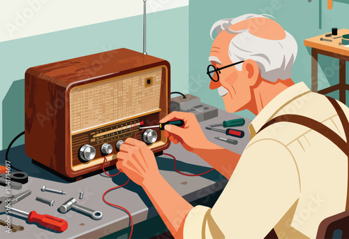 Older man meticulously repairs an antique radio with tools on a workbench