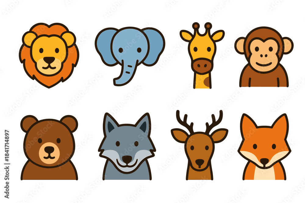 Fototapeta premium Cute cartoon animal faces icon set