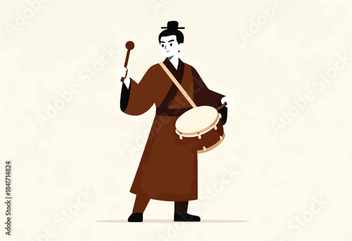 A stylized figure in traditional attire holds a drum and beater