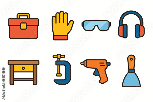 Tools and safety equipment flat icons set