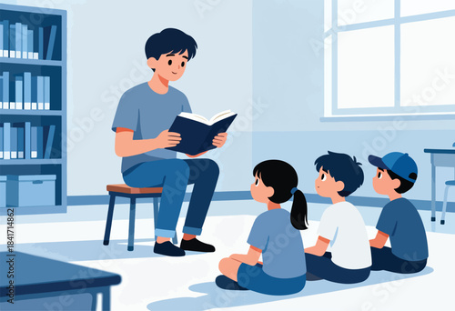 Teacher reading to attentive children seated on the floor in a classroom