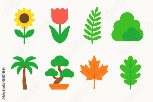 Colorful Plants and Leaves Stylized Illustrations Set