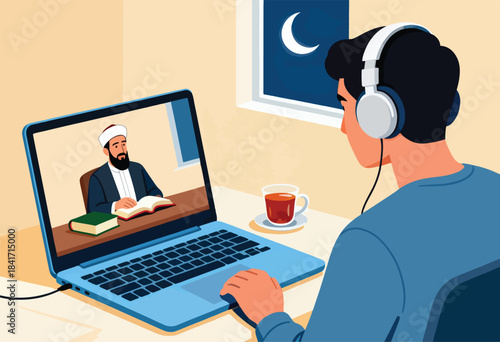 Man listens to online lecture on laptop at night
