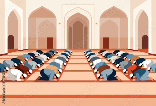A group of men in prayer inside a mosque