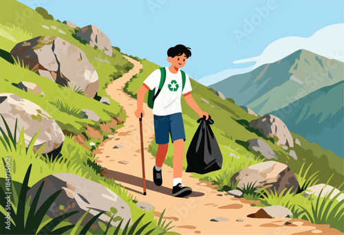 Young hiker cleans trail, collecting litter in a black bag, with mountains