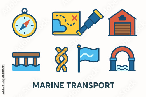 Marine transport flat icons set