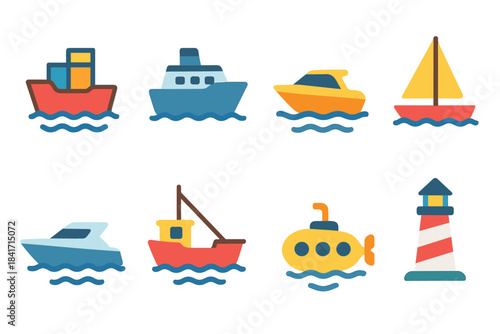 Nautical cartoon icons set