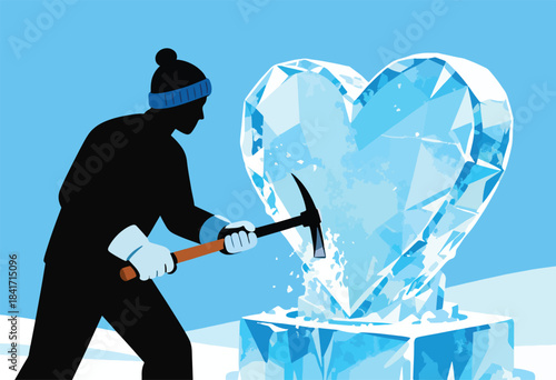 Silhouette of person with pickaxe sculpting a large, faceted ice heart