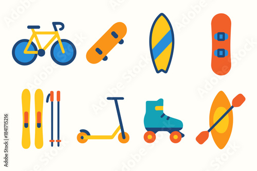 Sports and recreational equipment flat icons set
