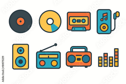 Audio equipment and media flat icons set