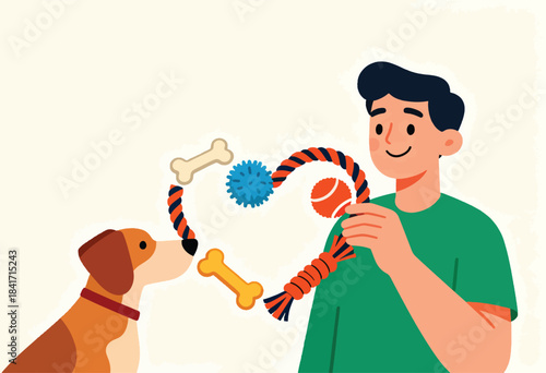 Person playing with a dog with toys forming a heart