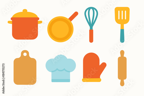 Kitchen utensils and items flat icons set