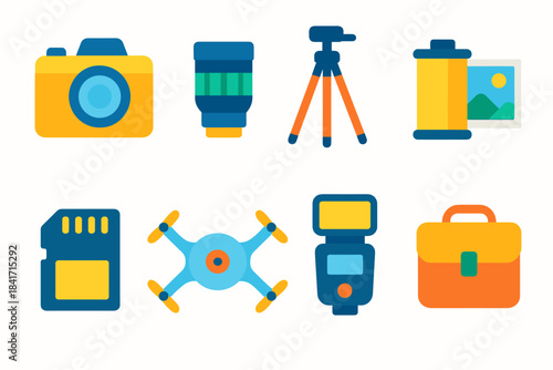 Photography equipment colorful icons set