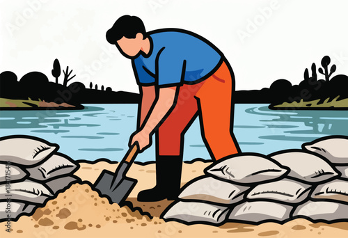 Person uses shovel to fill sandbags on riverbank, preparing for flood