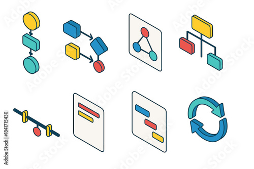 Isometric data organization and workflow icons set