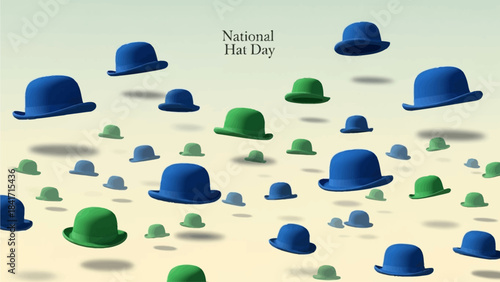 Celebrate National Hat Day with a fun design featuring stylish bowler hats in shades of blue and green, perfect for quirky party invites and playful social media greetings