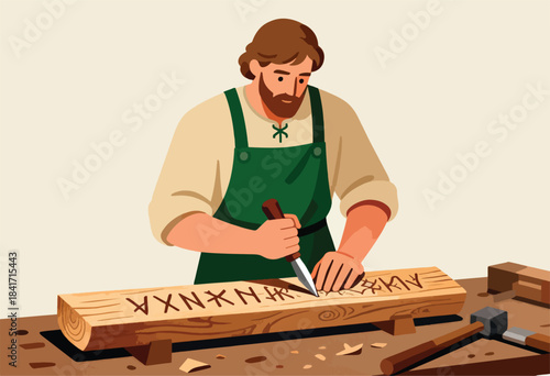 Bearded craftsman carves ancient runes into wooden plank with chisel