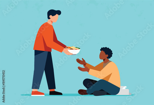 A man offers a bowl of food to another man who is kneeling