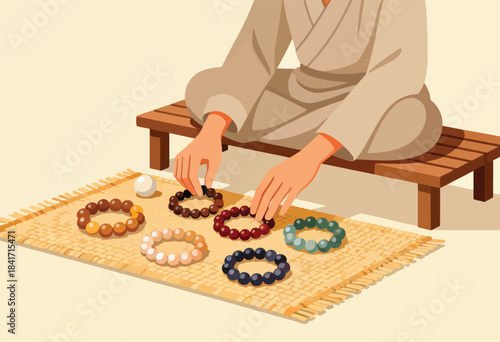 Hands arrange colorful beaded bracelets on a mat