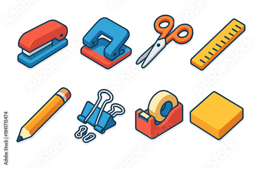 Office and stationery isometric icons set