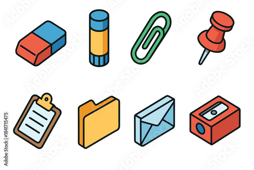 Office supplies isometric icons set