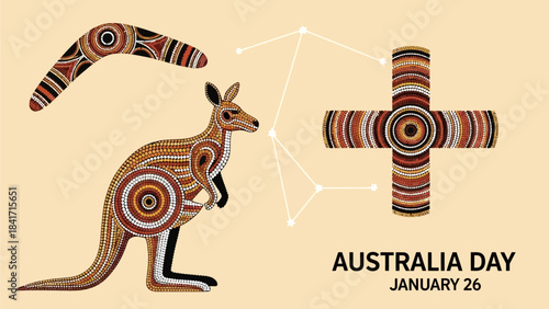 Celebrate Australia Day with this authentic Indigenous artwork featuring a kangaroo, boomerang, and Southern Cross constellation beautifully rendered in traditional dot painting style