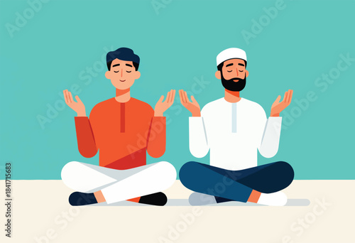 Two men meditating in lotus position with closed eyes and raised hands