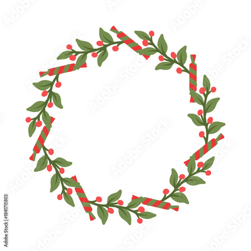 
Round frame for Christmas cards with holly berries and candies. Christmas and New Year greeting cards. Vector illustration, holiday invitation.