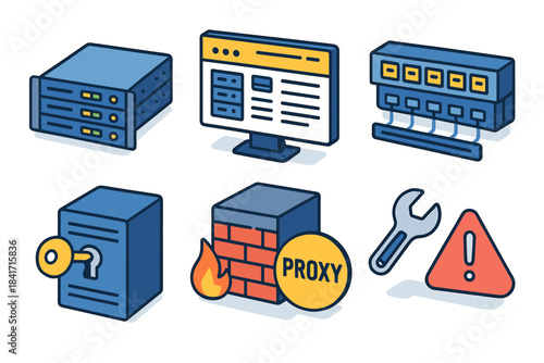 Internet and network security cartoon icons set