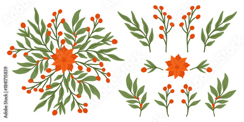 Christmas garland with holly leaves and a berries. Vector illustration on a white background, flat design, simple line art.	