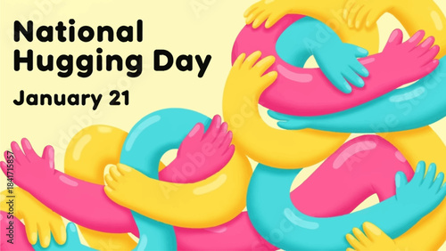 Celebrate National Hugging Day January 21 with vibrant colorful arms embracing, expressing love and friendship, perfect for social media campaigns and heartwarming greetings
