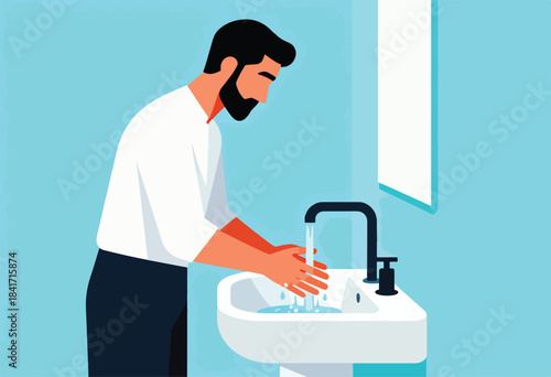 Bearded man washing hands under running water in a bathroom sink