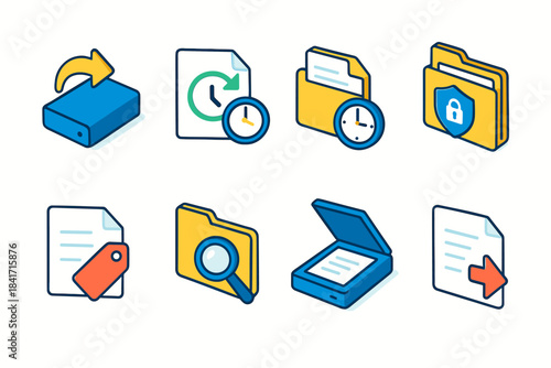 File management and data processes flat icons set