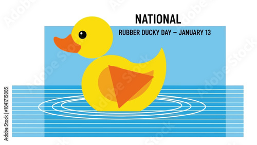 Celebrate National Rubber Ducky Day on January 13th with this cheerful cartoon duck in a playful blue bath, perfect for adding a touch of fun and nostalgia to your designs