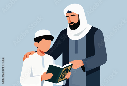 Man in traditional attire guides a child reading a holy book
