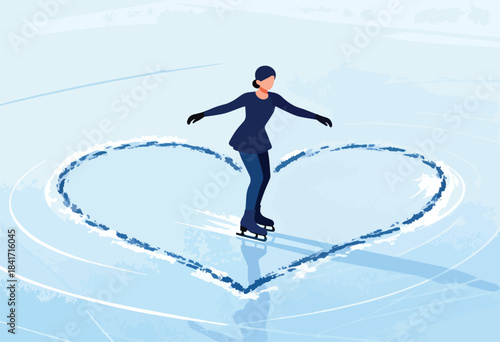 Figure skater gracefully carves a heart shape on ice