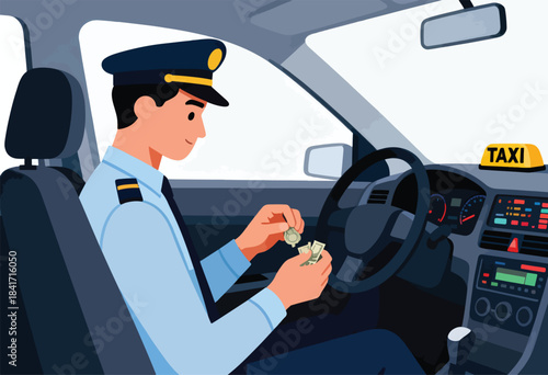 Smiling driver counts money while sitting in a taxi