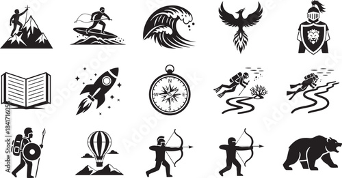 Collection of adventure and exploration icons mountain climbing, surfing, wave, phoenix, knight, book, rocket, compass, scuba diving, river rafting, hiker, hot air balloon, archer, bear