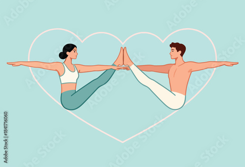 Couple in yoga poses with legs extended, hands touching, inside a heart shape