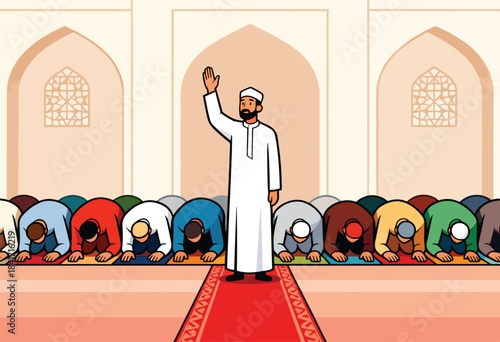 Congregation prays in mosque with leader giving sermon