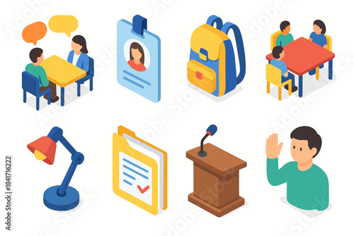 Education and conference isometric illustrations set