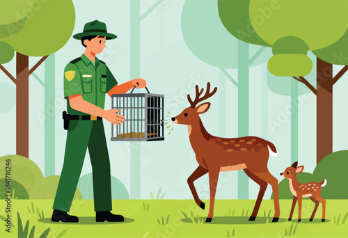 Ranger offers a cage to a deer and its fawn in a forest