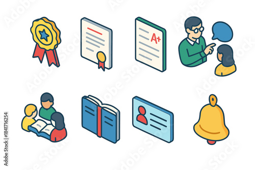 Education and communication flat isometric icons
