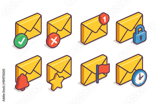 Email status isometric icons set