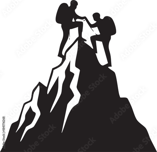 Silhouette of two hikers helping each other climb a steep mountain peak