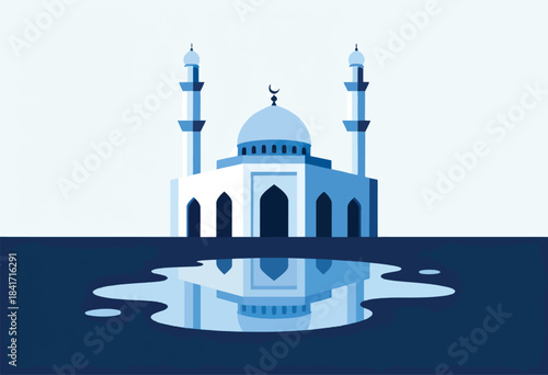 A blue mosque with twin minarets is reflected in calm water
