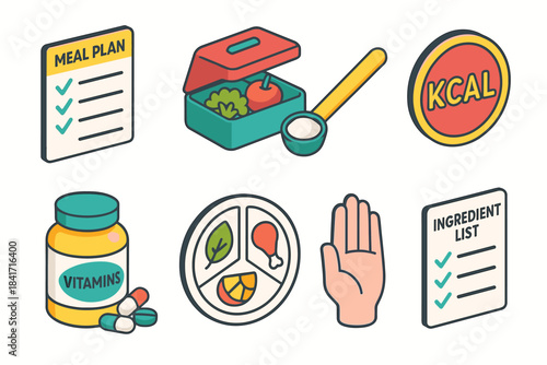 Nutrition and healthy eating stylized illustrations set