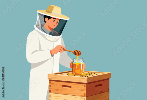 Beekeeper in protective suit harvests golden honey from a hive