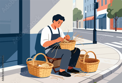 A craftsman weaves baskets by the street, surrounded by his wares and urban backdrop