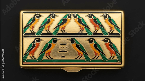 Stunning gold Egyptian revival cigarette case featuring colorful bird hieroglyphs for luxury collectors and historical design enthusiasts seeking elegant vintage treasures